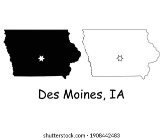 Iowa IA state Map USA with Capital City Star at Des Moines. Black silhouette and outline isolated on a white background. EPS Vector
