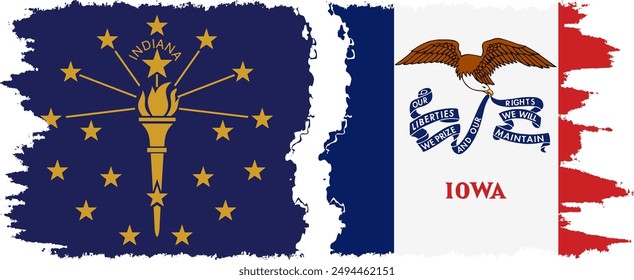 Iowa and Indiana states grunge brush flags connection, vector