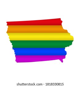 Iowa LGBT flag map. Vector illustration. Slightly wavy rainbow gay pride flag map.