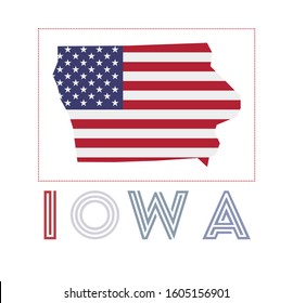 Iowa Logo. Map of Iowa with US state name and flag. Captivating vector illustration.