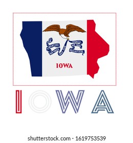 Iowa Logo. Map of Iowa with US state name and flag. Beautiful vector illustration.