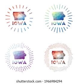 Iowa low poly sunburst set. Logo of US state in geometric polygonal style. Vector illustration.