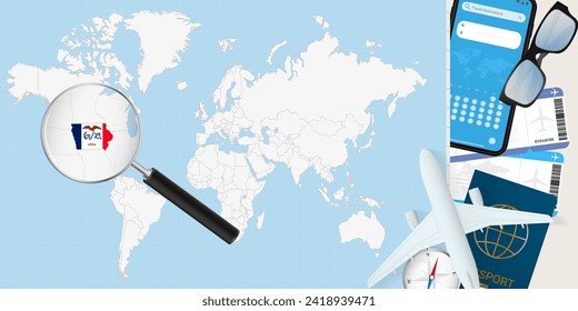 Iowa is magnified over a World Map, illustration with airplane, passport, boarding pass, compass and eyeglasses. Vector illustration.