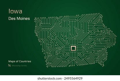 Karte von Iowa mit der Hauptstadt Des Moines im Mikrochip-Muster. E-Government. In: United States Vektorgrafik Maps. Mikrochipserie	
