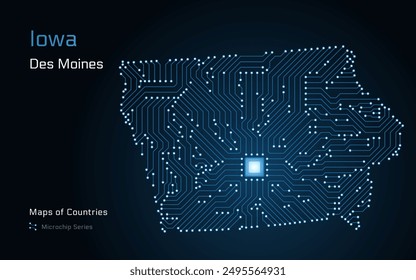 Karte von Iowa mit der Hauptstadt Des Moines im Mikrochip-Muster. E-Government. In: United States Vektorgrafik Maps. Mikrochipserie	
