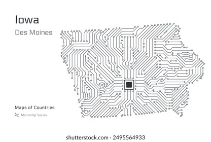 Iowa Map with a capital of Des Moines Shown in a Microchip Pattern. E-government. United States vector maps. Microchip Series	
