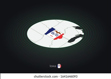 Iowa map in dark color, oval map with neighboring US states. Vector map and flag of US state Iowa