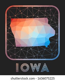 Iowa map design. Vector low poly map of the US state. Iowa icon in geometric style. The US state shape with polygonal gradient and mesh on dark background.