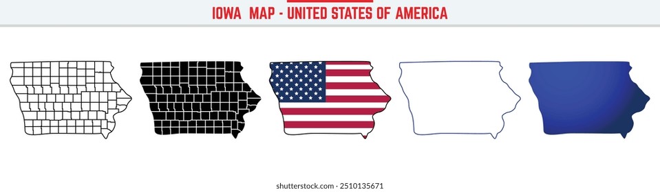 Mapa do IOWA com ícone de traçado editável. Ícone de linha fina IOWA USA State, IOWA mapa ilustração vetorial, IOWA, IA mapa de vetor de silhueta azul
