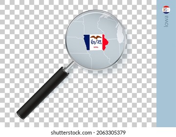 Iowa map with flag in magnifying glass on transparent background. Vector loupe with map.