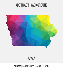 Iowa map in geometric polygonal,mosaic style in rainbow colors.Abstract tessellation,modern design background,low poly. Vector illustration.