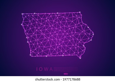 Iowa Map mash line and point scales on purple technology background. Wire Frame 3D mesh polygonal network line, design sphere, dot and structure -  Vector illustration eps 10