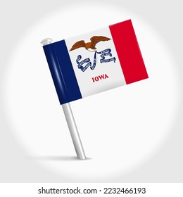 Iowa map pin flag icon. Pennant map marker on a metal needle. 3D realistic vector illustration.