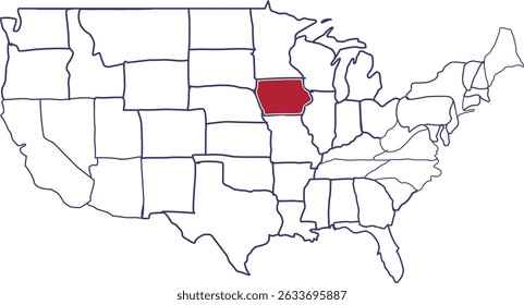 Mapa de Iowa em Vermelho, mapa dos Estados Unidos destacando o estado de Iowa