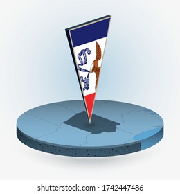 Iowa map in round isometric style with triangular 3D flag of US State Iowa, vector map in blue color.
