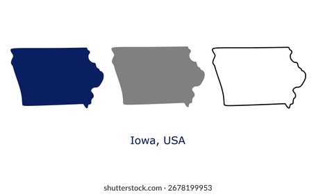 Conjunto de mapas de Iowa. Iowa USA mapa Vector. Iowa azul marino, gris y mapa de contorno sobre fondo blanco