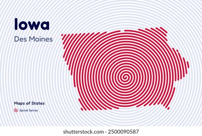 Iowa Map in Spiral Formation: Des Moines Takes Center Stage. Fingerprint and stripes pattern. American states maps
