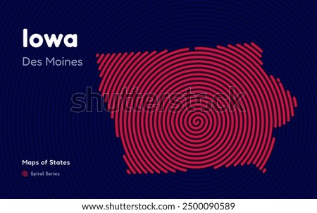 Iowa Map in Spiral Formation: Des Moines Takes Center Stage. Fingerprint and stripes pattern. American states maps
