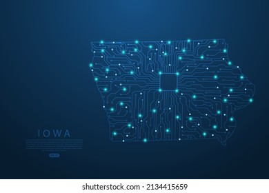 Iowa Map - United States of America Map vector with Abstract futuristic circuit board. High-tech technology mash line and point scales on dark background - Vector illustration ep 10 