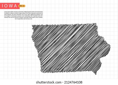 Iowa Map - USA, United States of America Map template with black outline graphic sketch and old school style isolated on white grid background - Vector illustration eps 10