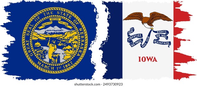 Iowa and Nebraska states grunge brush flags connection, vector