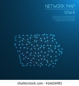 Iowa network map. Abstract polygonal Iowa network map design with glowing dots and lines. Map of Iowa networks. Vector illustration.
