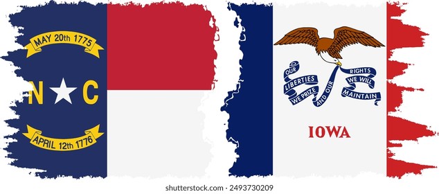 Iowa and North Carolina states grunge brush flags connection, vector