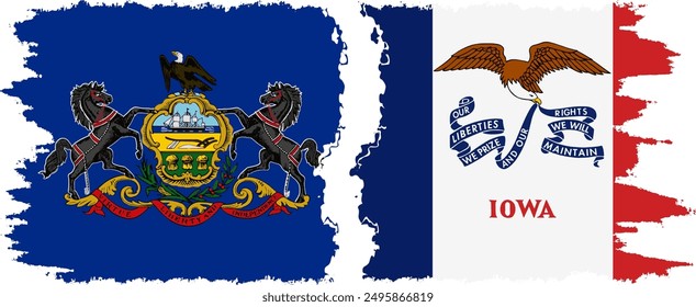 Iowa and Pennsylvania states grunge brush flags connection, vector