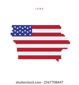 Iowa pixel flag map icon. 8 bit pixel art map covered with american flag. Flat vector illustration isolated on white background.