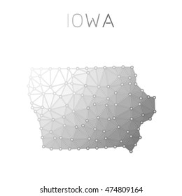 Iowa polygonal vector map. Molecular structure US state map design. Network connections polygonal Iowa map in geometric style for your infographics.