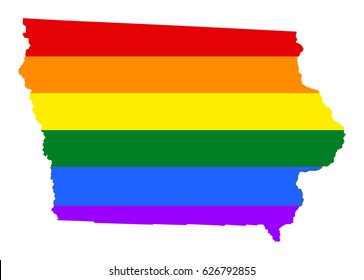 Iowa pride gay vector map with rainbow flag colors. United States of America. Gay flag over Iowa state map. Rainbow flag. 