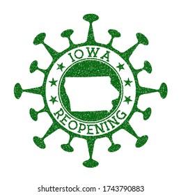 Iowa Reopening Stamp. Green round badge of us state with map of Iowa. Us state opening after lockdown. Vector illustration.