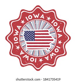 Iowa round grunge stamp with us state map and country flag. Vintage badge with circular text and stars, vector illustration.