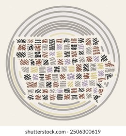 Iowa Round Poster. Typography style image of State. Counties word clouds of Iowa. Vintage image design with scratch texture.