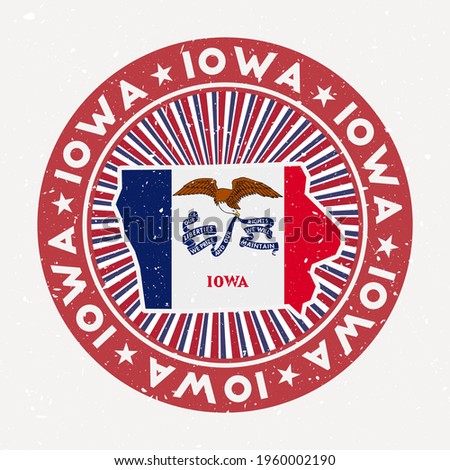Iowa round stamp. Logo of US state with state flag. Vintage badge with circular text and stars, vector illustration.