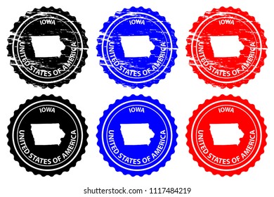 Iowa - rubber stamp - vector, Iowa (United States of America) map pattern - sticker - black, blue and red 