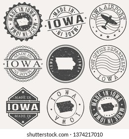 Iowa Set of Stamps. Travel Stamp. Made In Product. Design Seals Old Style Insignia.