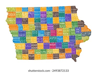 Iowa shape. State word cloud with county division. Iowa colored illustration. County names cloud. Vector illustration.