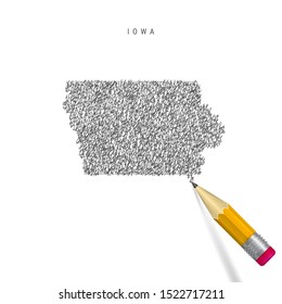 Iowa sketch scribble map isolated on white background. Hand drawn vector map of Iowa. Realistic 3D pencil with eraser.