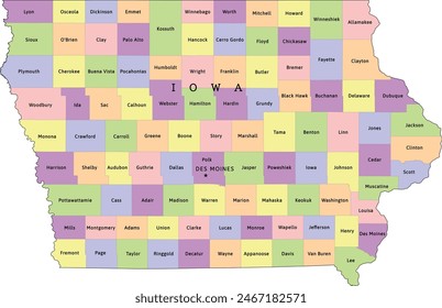 Iowa state administrative map with counties. Clored. Vectored. Bright colors