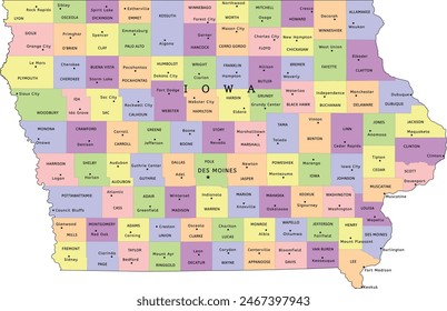 Iowa state administrative map with counties and seats. Clored. Vectored. Bright colors