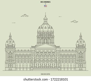 Capitolio estatal de Iowa en Des Moines, Estados Unidos. Icono de punto de referencia en estilo lineal