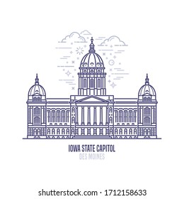 Iowa State Capitol located in the city of Des Moines. The state capitol building and government of U.S. state Iowa . The great example of Renaissance architecture style. City sight linear vector icon