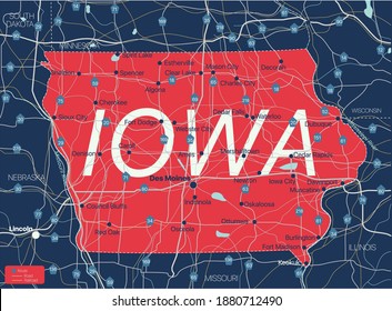 Iowa state detailed editable map with cities and towns, geographic sites, roads, railways, interstates and U.S. highways. Vector EPS-10 file, trending color scheme