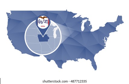 Iowa State magnified on United States map. Abstract USA map in blue color. Vector illustration.