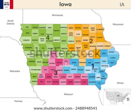 Iowa state map with counties borders and colored congressional districts boundaries due to The 2020 United States census and which is valid since 2023. Flag of Iowa. Vector