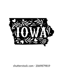 Iowa state map with doodle decorative ornaments. For printing on souvenirs and T-shirts