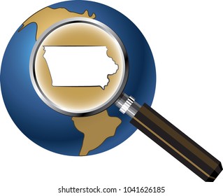 Iowa State Map Enlarged with Magnifying Glass on Globe