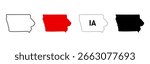 Iowa state map icon set. US state silhouette in outline, filled, dotted and labeled styles sign. State border and location symbol. American geography pictogram. Regional identity illustration.