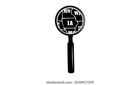 IOWA state map in magnifying glass, black isolated silhouette